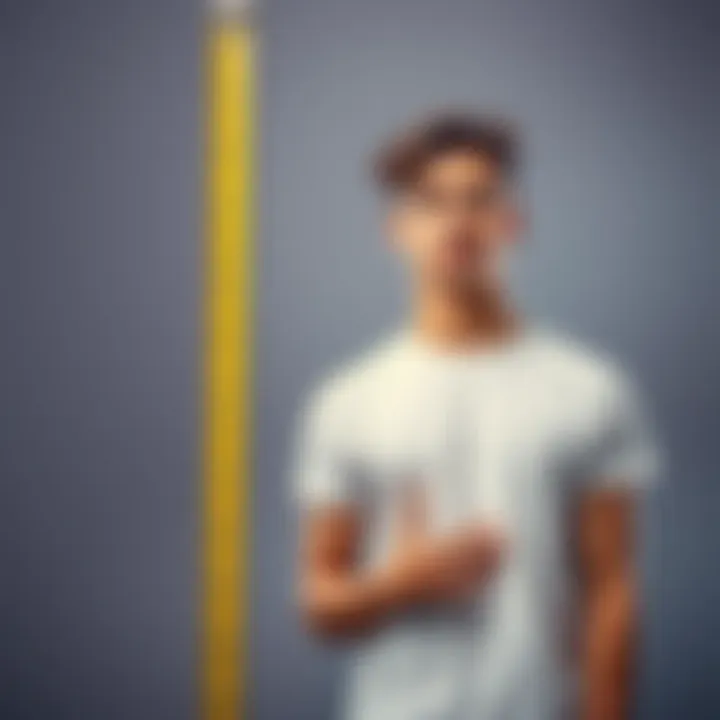 A young man standing straight with a tape measure next to him, looking surprised after measuring his height at 5'8".