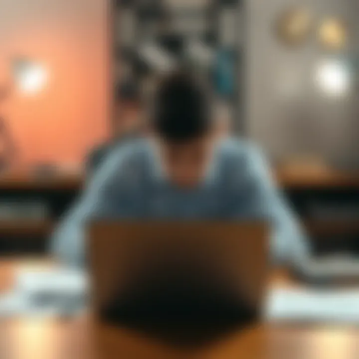 A young person sitting at a desk with financial documents and a laptop, looking stressed and anxious after orchestrating a major scam.