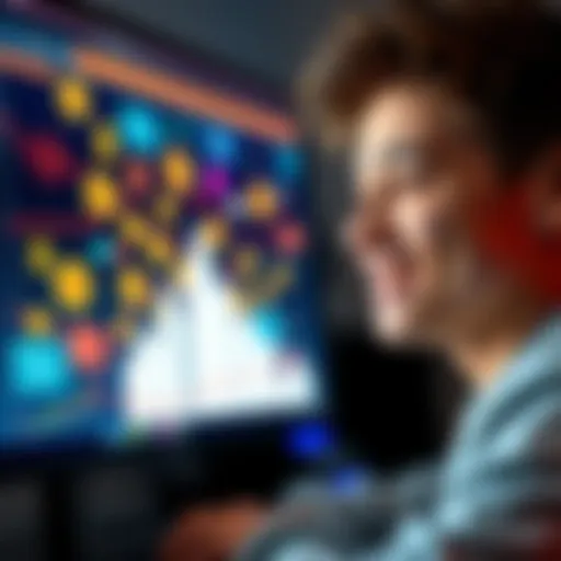 A young person smiling while looking at a computer screen filled with meme coin graphics and dollar signs