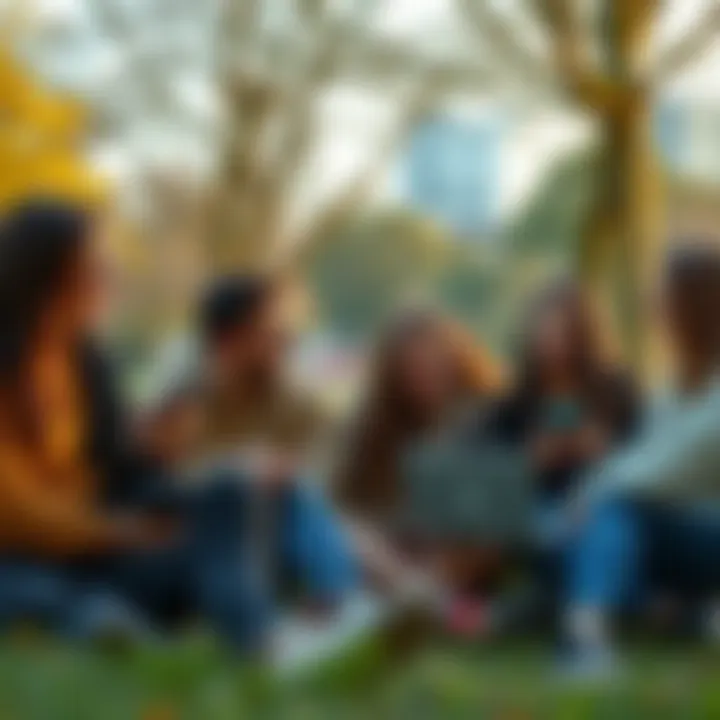 A group of young people chatting in a park, sharing laughs and discussing the meaning of IYKYK, with a laptop and phone visible.