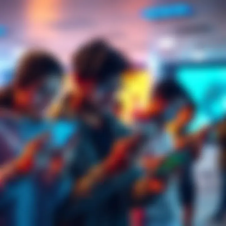 Group of young adults engaging with cryptocurrency apps on smartphones in a digital setting