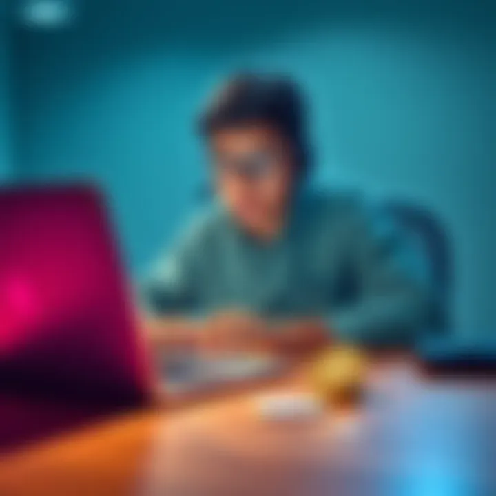 A young individual checks cryptocurrency prices on a laptop while sitting at a desk with a debit card beside them
