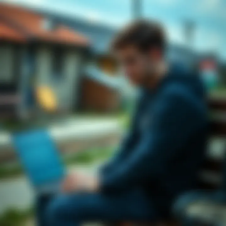 A 25-year-old man sits on a bench in a small Bulgarian town, looking thoughtful with a laptop open and Bitcoin charts visible on the screen.