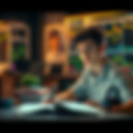 An 18-year-old studying trading strategies with books and a laptop at a desk