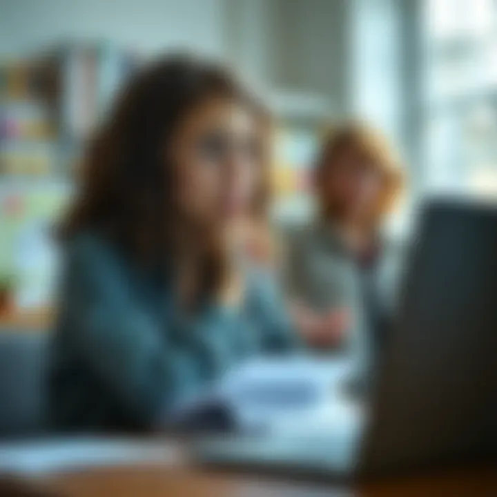 A young woman looking worried while sitting at a desk, with books and a laptop, reflecting on her decision to drop out of university as her mother stands nearby with an upset expression.