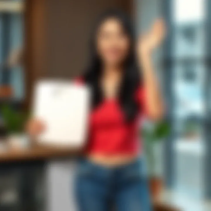 A 25-year-old woman standing proudly, holding a scale showing her weight loss, smiling with excitement.