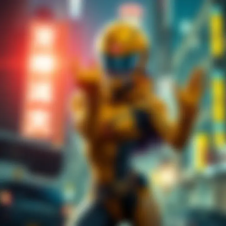 Yuki Yajima as Yellow Four Yuki Yajima in her Yellow Four costume, striking a heroic pose with a city background