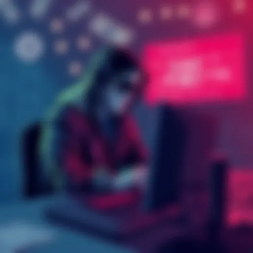 Illustration showing a hacker operating at a computer, with images of dollar bills and U.S. government symbols in the background, representing theft.