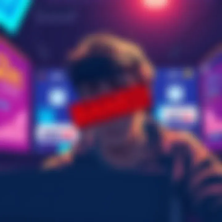 A digital illustration showing a person looking concerned as a notification of a ban appears on their screen, representing community backlash over privacy discussion.