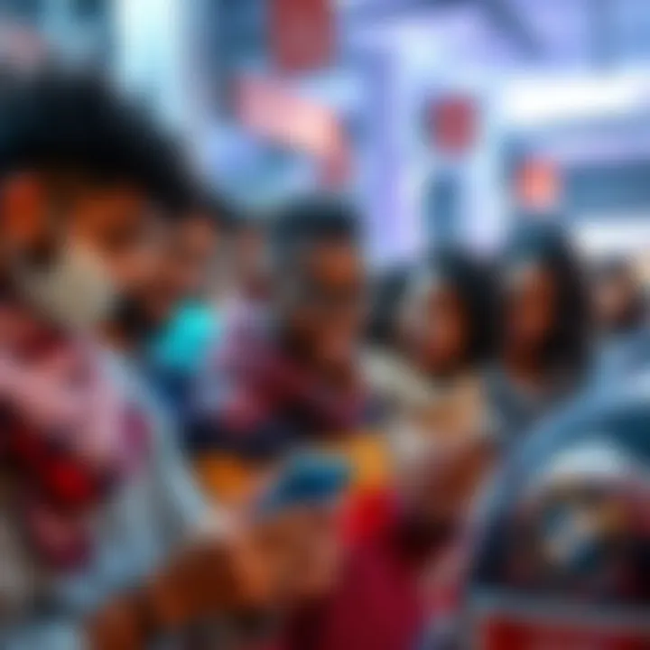 A group of diverse people exploring ZYNMART app on their smartphones, showcasing premium products like BMW cars and iPhone 15 Pro.