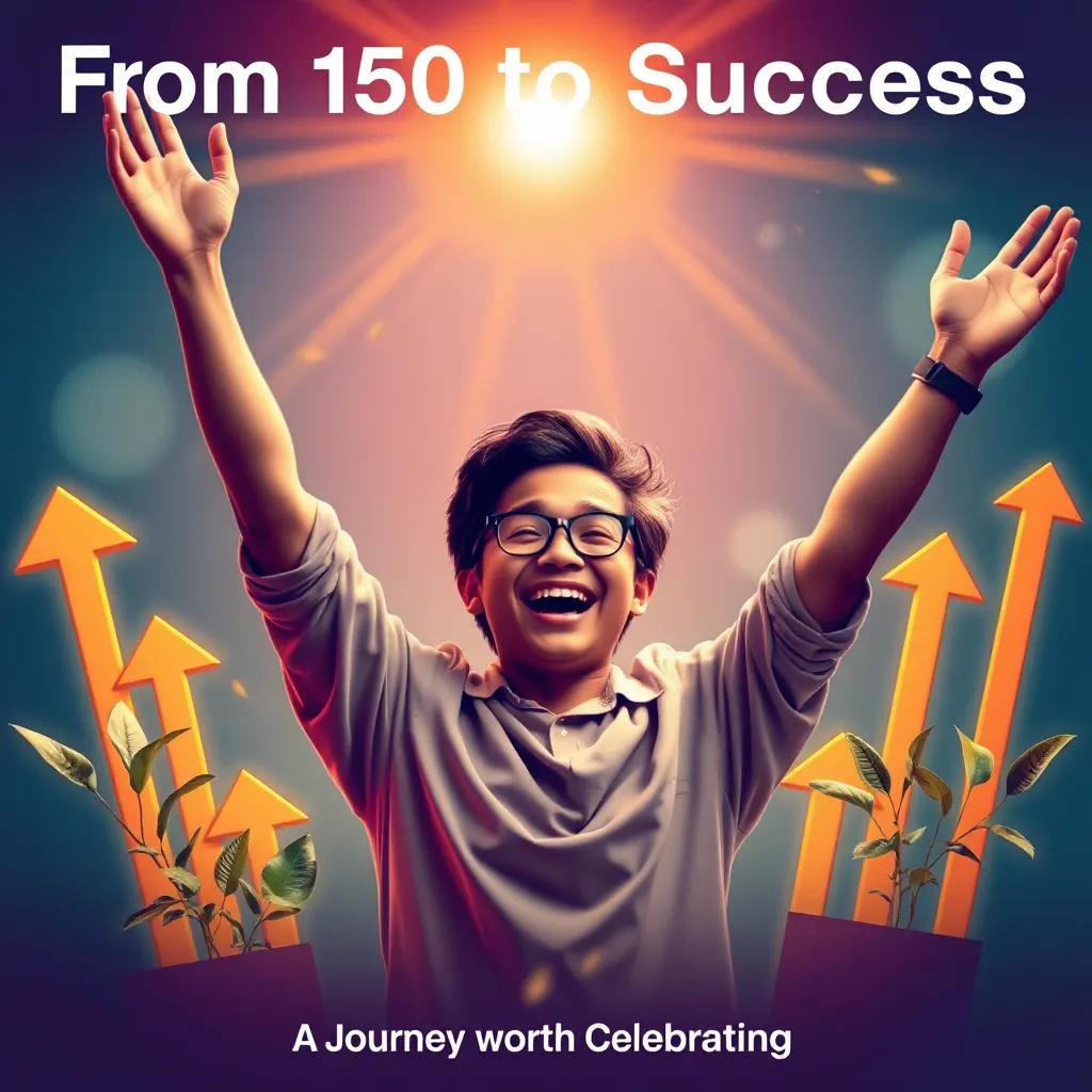 Celebrating Success A person smiling with arms raised in celebration, surrounded by symbols of growth like plants and upwards arrows, representing achievement and progress.