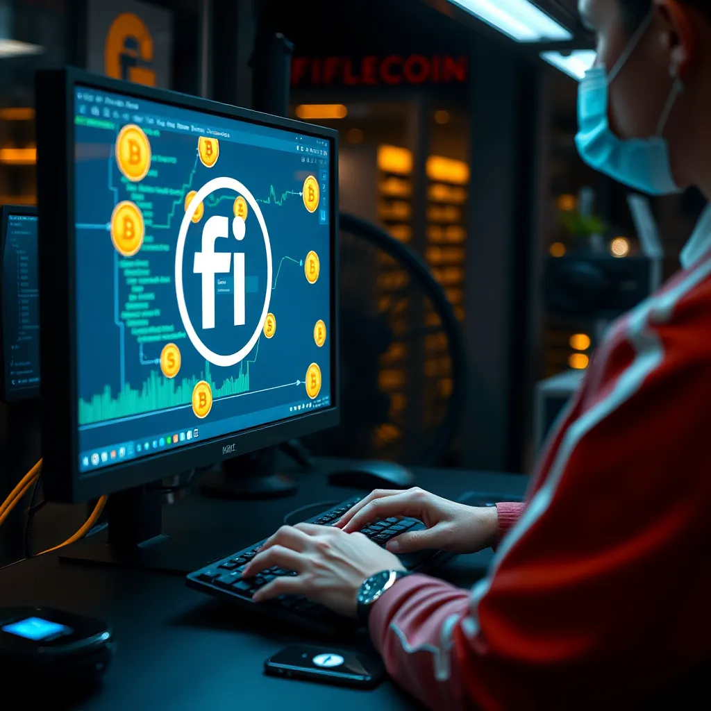 Uploading files on Filecoin A person using a computer to upload files on the Filecoin network with FIL tokens visible on the screen.